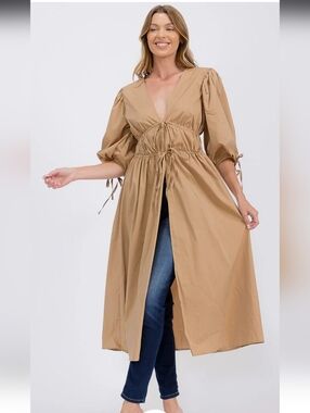 Beige 100% Cotton Puffy Balloon Sleeves Adjustable Waist  Duster